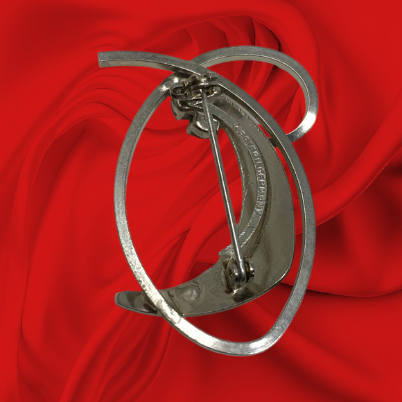 Vintage Modernist Silver Tone Brooch Pin Made in Western Germany Clear Crystals - Picture 2 of 4